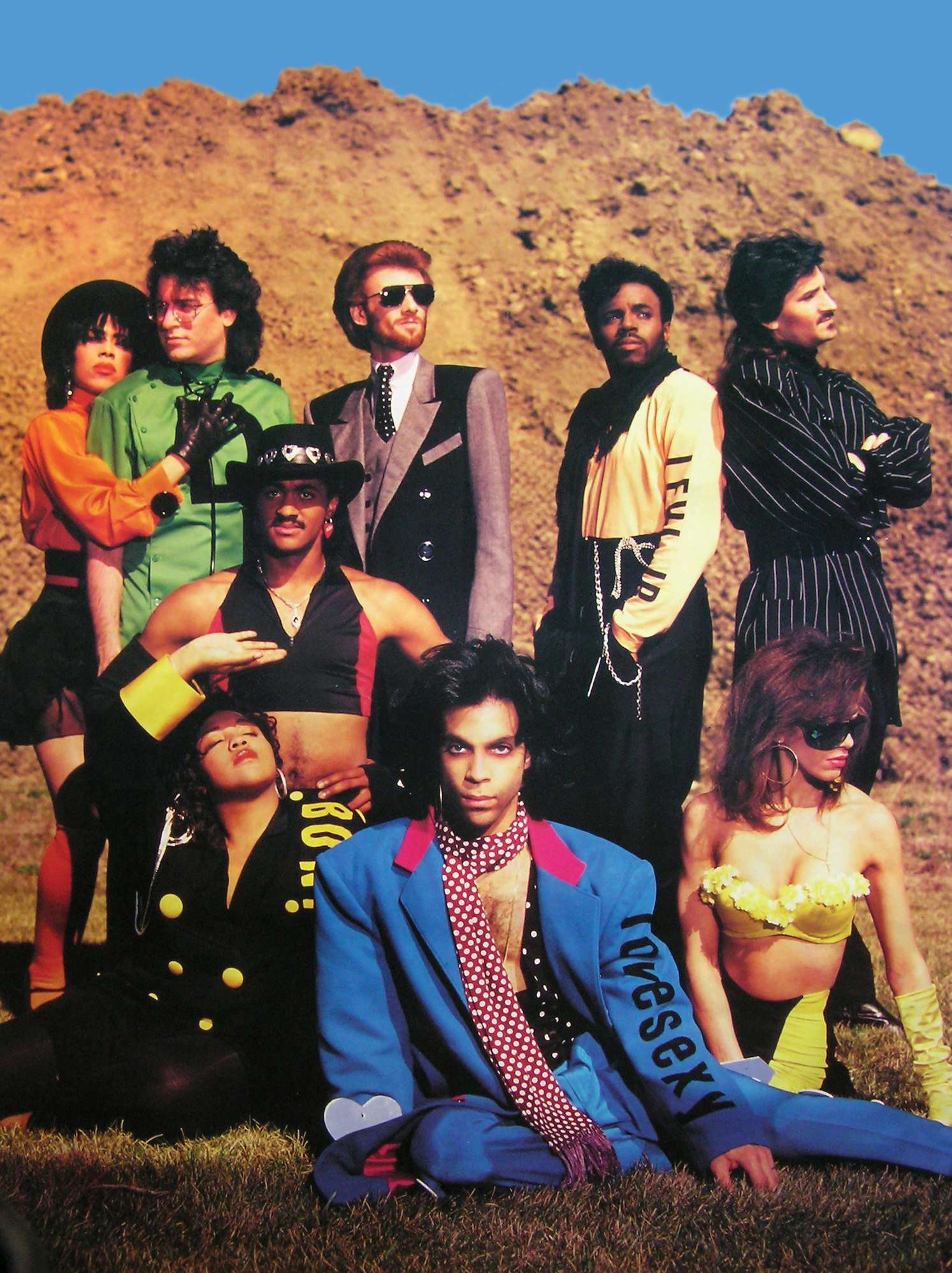 The Lovesexy band: (clockwise from top left) Cat Glover, Doctor Fink, Miko (kneeling), Eric Leeds, Levi Seacer Jr., Atlanta Bliss, Sheila E., Prince, and Boni Boyer. Photo by Jeff Katz for an album promotional poster.